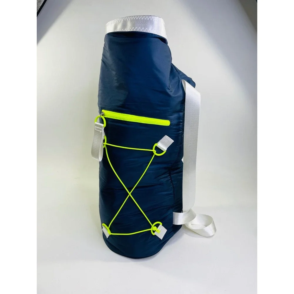 Azzaro Chrome Navy Blue Puffer Duffle Bag Neon Yellow Accents Roll Top Sport Bag